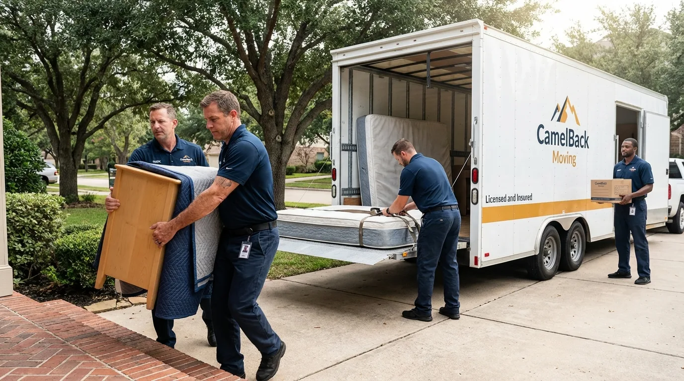 Crew loading residential truck for cross-state move from Shingletown, CA